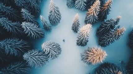 Aufkleber - Aerial view of snow-covered pine trees in a winter forest.