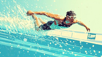 Aufkleber - A female swimmer glides through turquoise water, creating a wake of spray.  Dynamic illustration of a competitive swimmer in action.