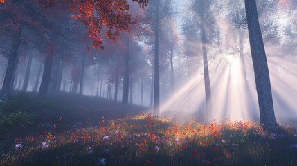 Leinwandbilder - Sunbeams pierce misty autumn forest, illuminating wildflowers.
