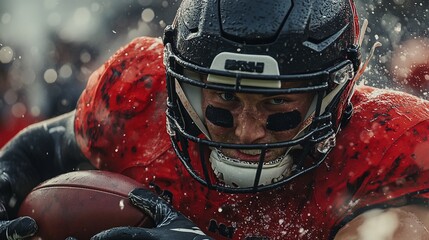 Aufkleber - Close-up of a determined American football player in action, covered in rain and snow.