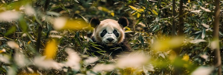 Poster - Giant panda hidden in bamboo forest.