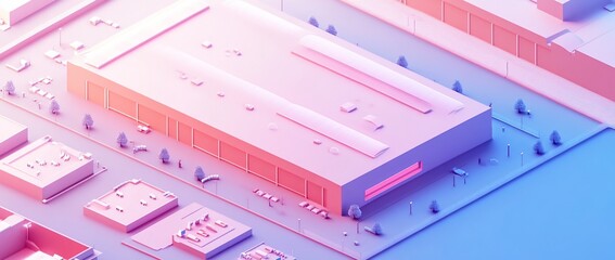 Leinwandbilder - Isometric view of a pink building, surrounded by smaller buildings and trees, set against a blue-pink gradient background.
