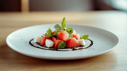 Poster - Fresh watermelon and mozzarella salad with balsamic glaze, garnished with mint leaves on a white plate.