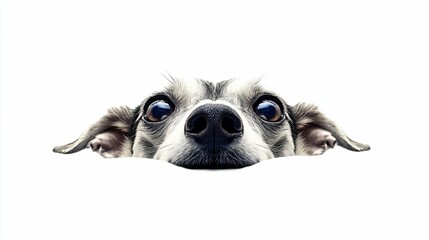 Poster - Curious dog's face peering over a white background.