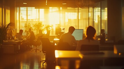 Poster - Sunset illuminates a bustling modern office, showcasing employees working diligently at their desks.