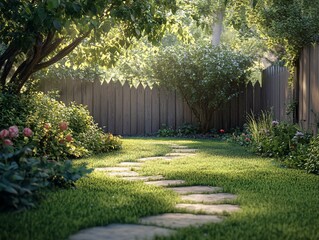 Poster - Sunlit garden path meandering through lush green grass, flowering plants, and a wooden fence.