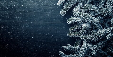 Poster - Snowy fir branches on dark wood background, winter scene.