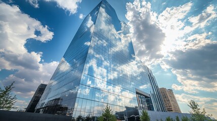 Aufkleber - Modern glass skyscraper reflecting clouds and blue sky.