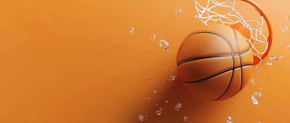 Poster - Basketball entering hoop with water splash on orange background.