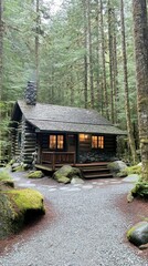 Wall Mural - Cozy Log Cabin Nestled Deep Within A Lush Forest