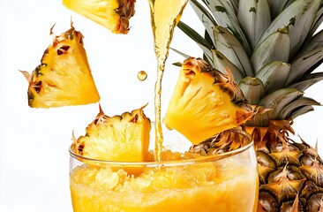 Poster - Fresh pineapple juice pouring into glass with falling pineapple chunks.