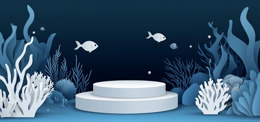 Poster - Two-tiered pedestal in an underwater scene with seaweed, coral, and fish.