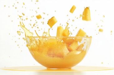 Poster - Mango and pineapple pieces splashing into a glass bowl with juice.