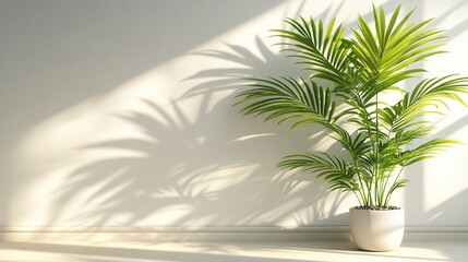 Aufkleber - Sunlight streams through a window onto a potted palm plant casting shadows on a white wall.