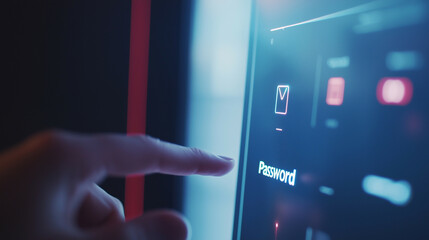 The scene shows a clean, modern screen with mail buttons and share button, The person’s hand hovers over the button,  