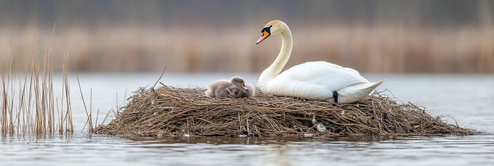 Poster - Mute swan protecting its cygnet on a nest in a lake.