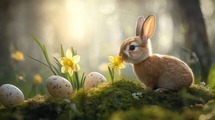 Adorable Brown Bunny Sitting Among Spring Flowers and Colorful Eggs in a Serene Woodland Setting Perfect for Easter Celebrations and Seasonal Festivities