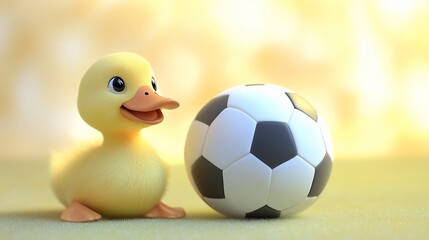 Poster - Cute yellow duckling looks at a soccer ball on a pale yellow background.