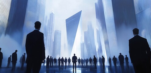 Poster - Silhouetted businesspeople stand before a futuristic cityscape.