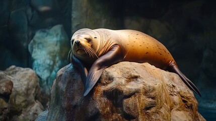 Poster - A sea lion rests on a rock in an aquarium, illuminated by soft light.