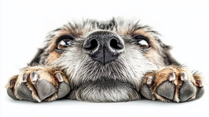 Poster - Close-up of a cute dog lying down, looking up with paws forward on white background.