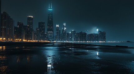 Poster - Night cityscape skyline reflected in calm water.