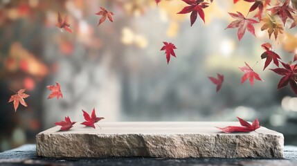 Poster - Stone platform with falling autumn leaves.