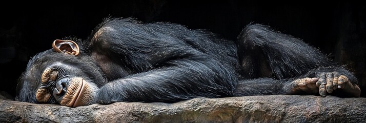 Poster - A chimpanzee sleeps peacefully on a rock, curled in a comfortable position.