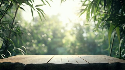 Aufkleber - Wooden table in lush bamboo forest, sunlight background.