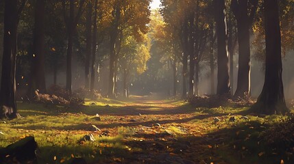 Aufkleber - Sunlit autumn forest path with falling leaves, misty atmosphere.