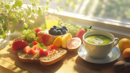 Poster - Sunny breakfast with green smoothie, toast, and fresh fruits.