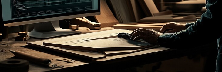 Poster - Craftsman's hands working on wooden project using computer design.
