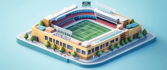 Poster - Isometric view of a stadium with surrounding buildings and trees.