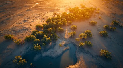 Poster - Aerial view of oasis at sunset, lush green trees surrounding a small pond in arid landscape.