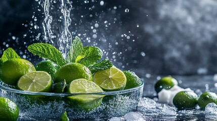 Poster - Fresh limes and mint in a glass bowl with splashing water.
