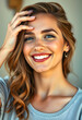 © Go - Smiling millennial european lady touching hair, enjoy beauty care, digital art, with white tones