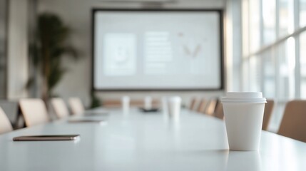 Aufkleber - Empty conference room table with coffee cups, smartphones, and a presentation screen in the background.