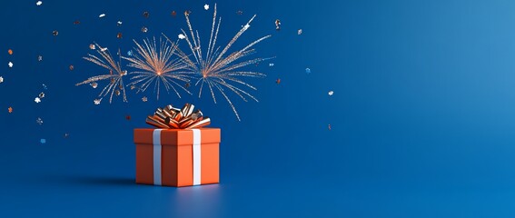 Poster - Orange gift box with fireworks and confetti on blue background.