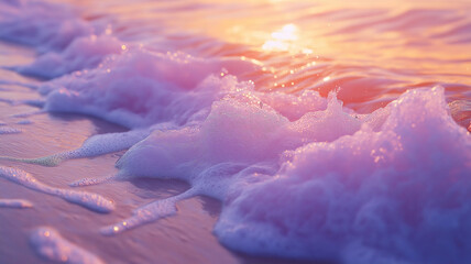 Poster - Close up of sea foam gently washing over the beach at sunset creating a serene coastal scene