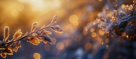 Aufkleber - Frost-covered branches at sunrise, bokeh background.