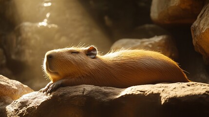 Poster - A capybara rests peacefully on rocks, bathed in sunlight.