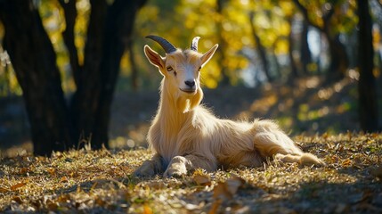 Poster - A light brown goat rests in an autumnal orchard, basking in sunlight.