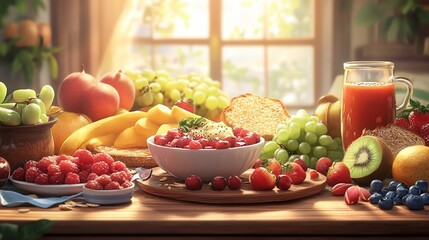 Poster - Sunlit table with fresh fruit, berries, yogurt parfait, juice, and bread for a healthy breakfast.