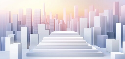 Poster - White city skyline with stairs leading towards a bright horizon.