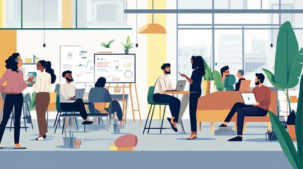 Poster - Diverse team collaborating in a modern, open-plan office space.