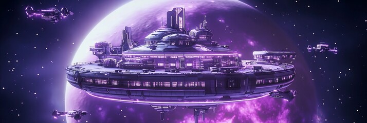 Poster - Futuristic space station orbiting a purple planet, surrounded by smaller spacecraft.