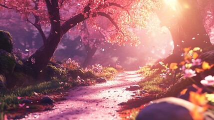 Poster - Sunlit path through a magical pink blossom forest.