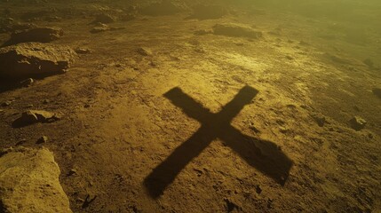 Wall Mural - Intriguing Shadow of a Cross on a Barren Landscape Captured During Golden Hour, Evoking Spirituality and Mystery in a Desolate Terrain