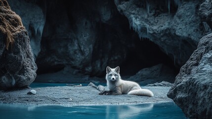 Poster - White fox resting near a dark cave and blue water.