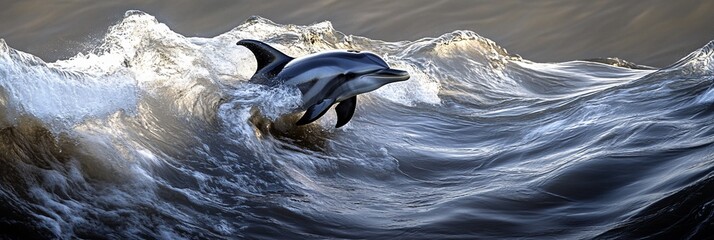 Poster - Dolphin leaping through ocean waves, sunlight reflecting on water.